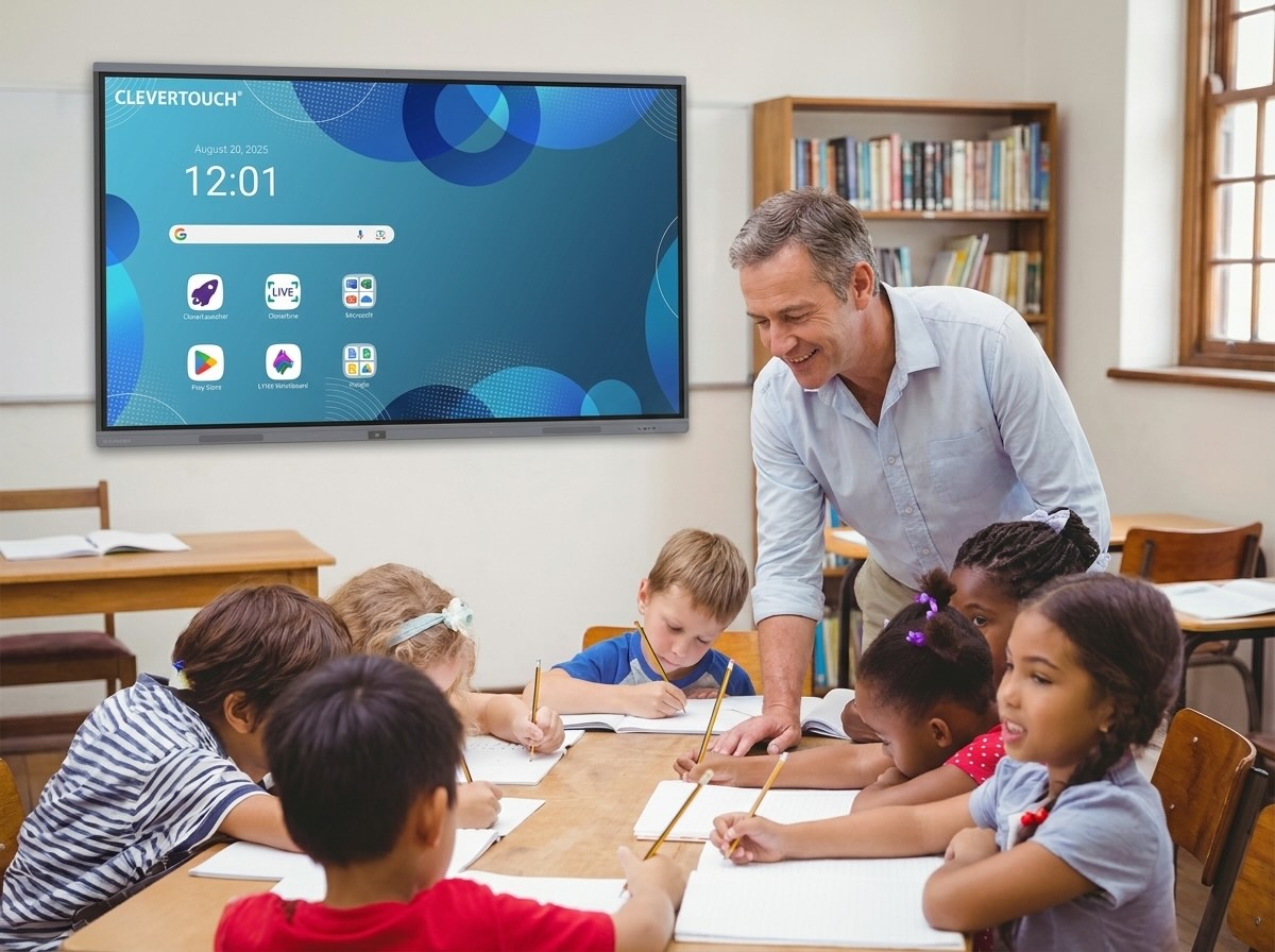 Lehrer zeigt Schülern interaktives Display im Klassenzimmer